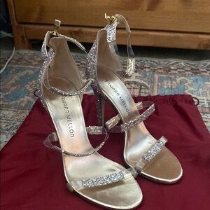 Tamara Mellon Rose Gold Glitter Strappy Stiletto Sandals